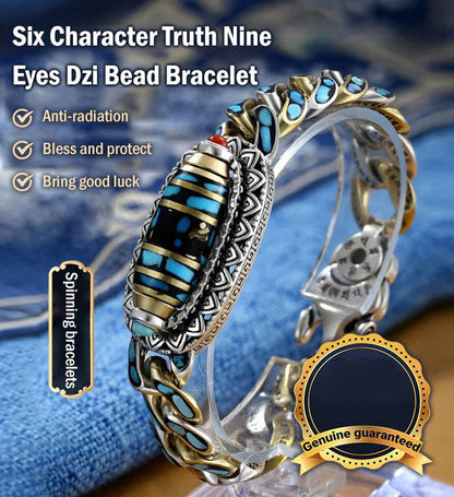 Turquoise Six-character Mantra Nine-eyed Dzi Bead Bracelet