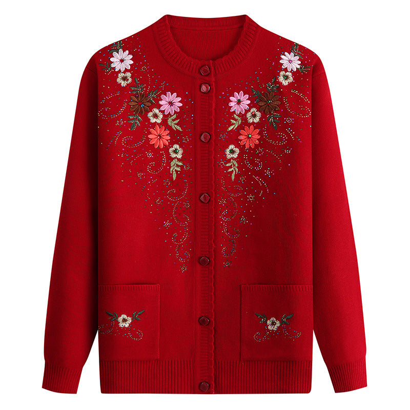 [XL-4XL] Embroidered Lapel Sweater for Middle-aged and Older People