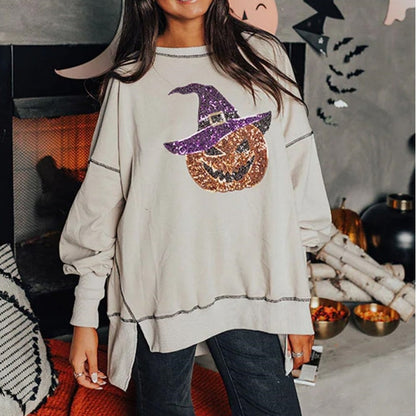 Chic Women's Glittering Pumpkin Wizard Halloween Sweatshirt