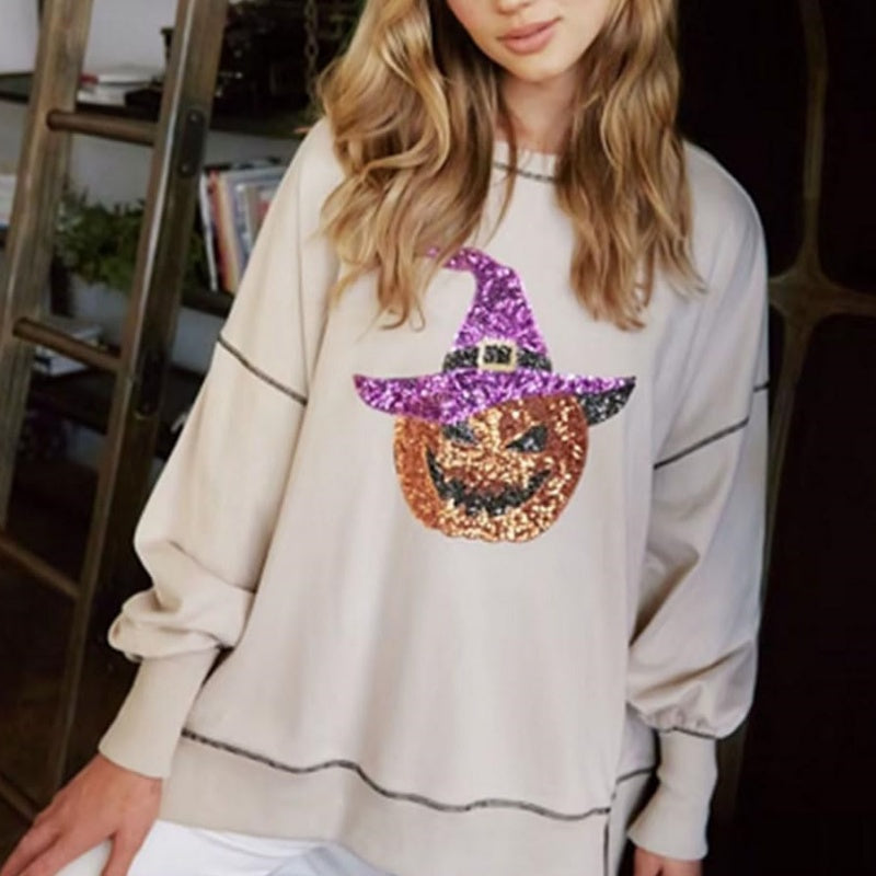 Chic Women's Glittering Pumpkin Wizard Halloween Sweatshirt